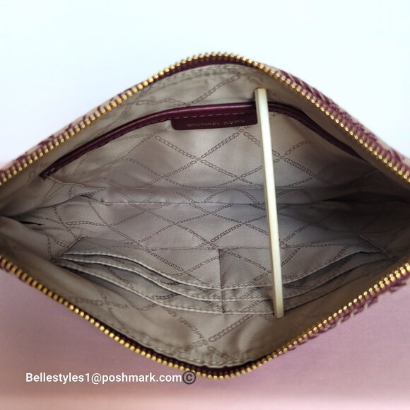 MICHAEL KORS Jet Set Signature Jacquard Large Zip Pouch Wristlet- Dark Berry ⭐ - Picture 14 of 16